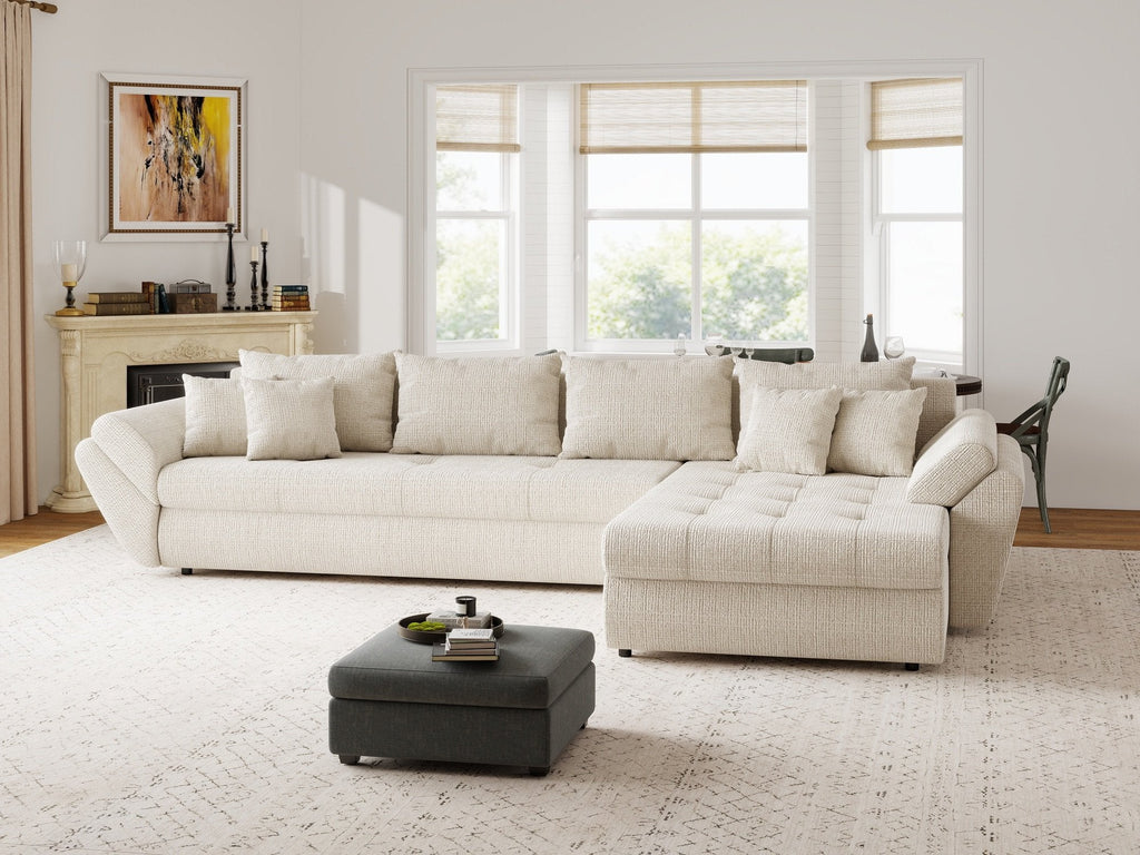 Colțar extensibil dumonde cu ladă de depozitare si sezut confortabil din spuma high-density, Loana XL Cremona Gri Deschis II 335x185 cm