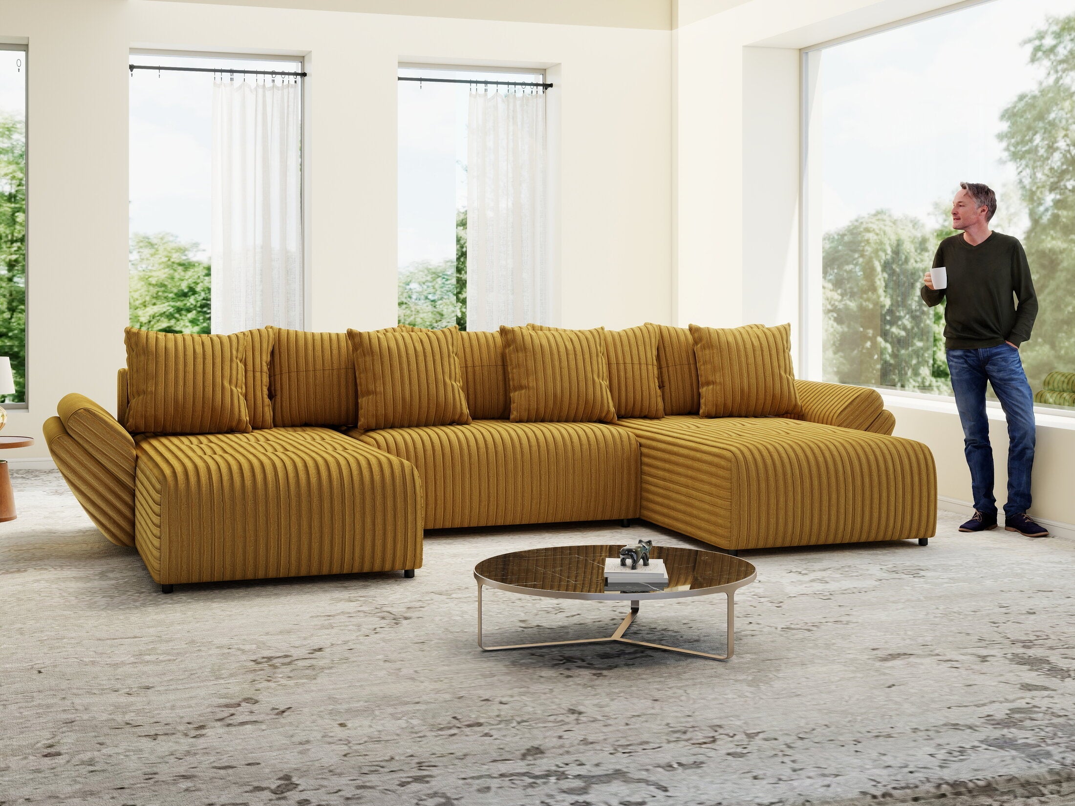 Colțar extensibil dumonde cu ladă de depozitare si sezut confortabil din spuma high-density, Berlin U Ambiance Mustar 380x180 cm