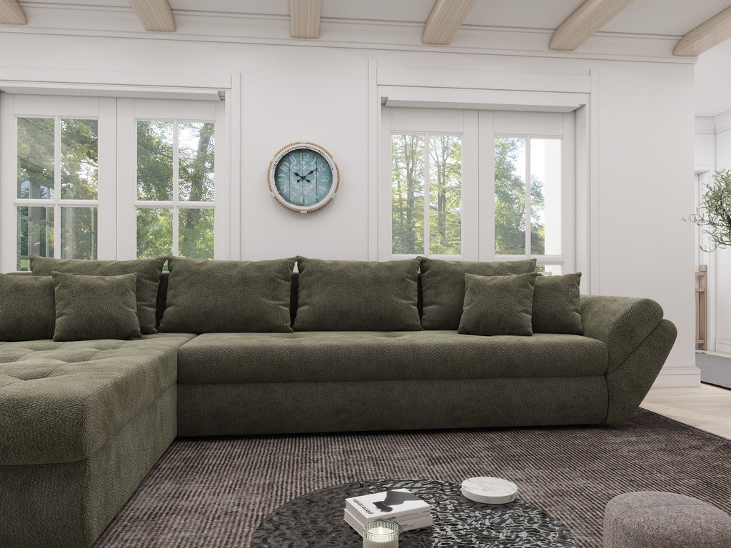 Colțar extensibil dumonde cu ladă de depozitare si sezut confortabil din spuma high-density, Loana XL Vibe Olive 335x185 cm