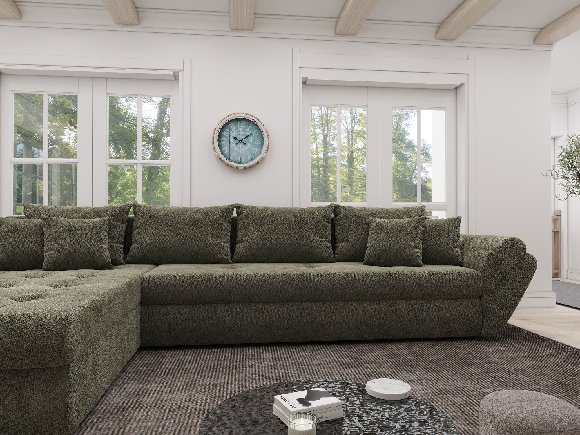 Colțar extensibil dumonde cu ladă de depozitare si sezut confortabil din spuma high-density, Loana XL Vibe Olive 335x185 cm