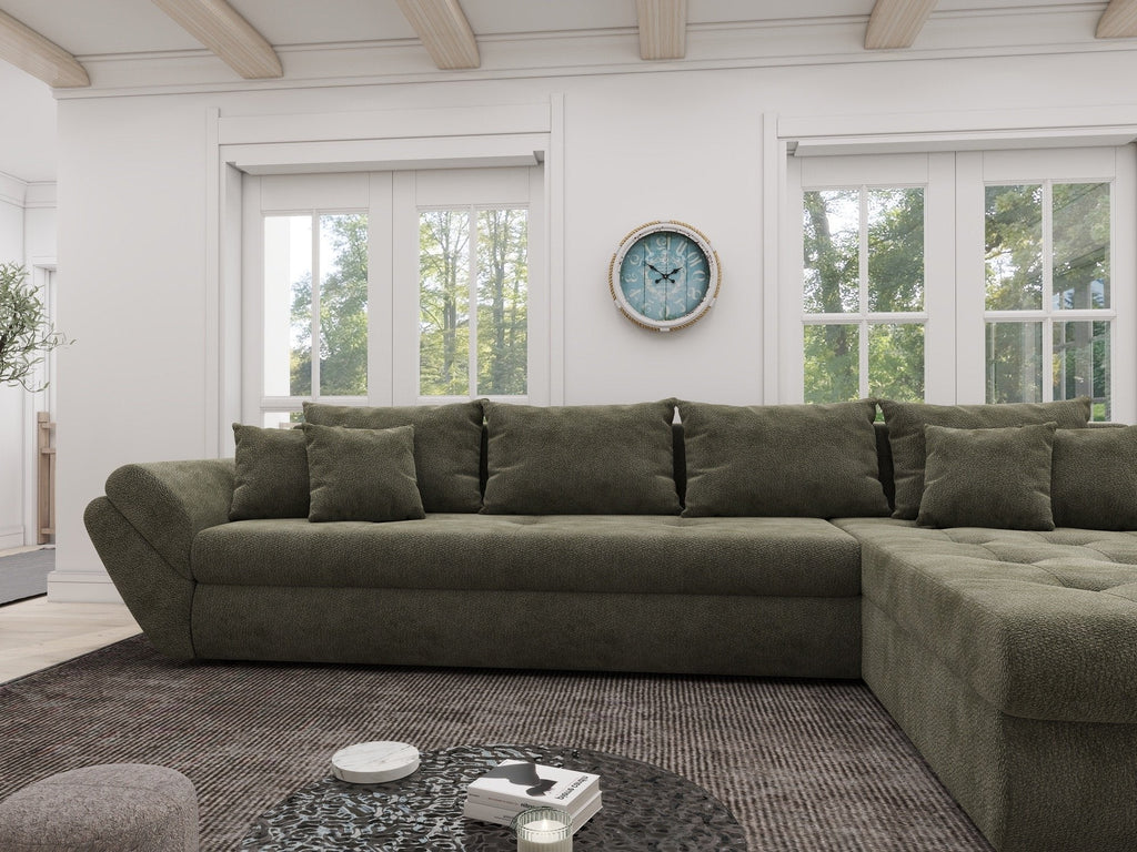 Colțar extensibil dumonde cu ladă de depozitare si sezut confortabil din spuma high-density, Loana XL Vibe Olive II 335x185 cm