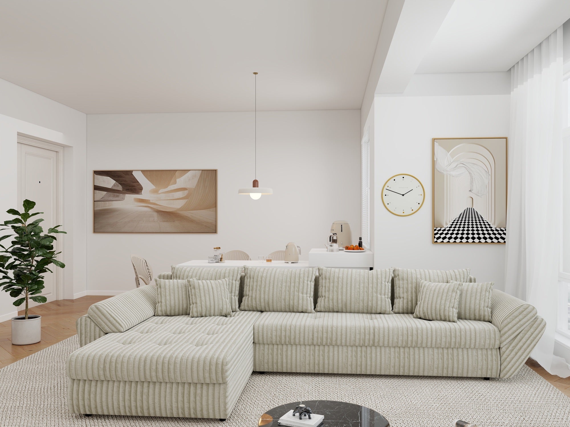 Colțar extensibil dumonde cu ladă de depozitare si sezut confortabil din spuma high-density, Loana XL Tilia Bej 08 335x185 cm