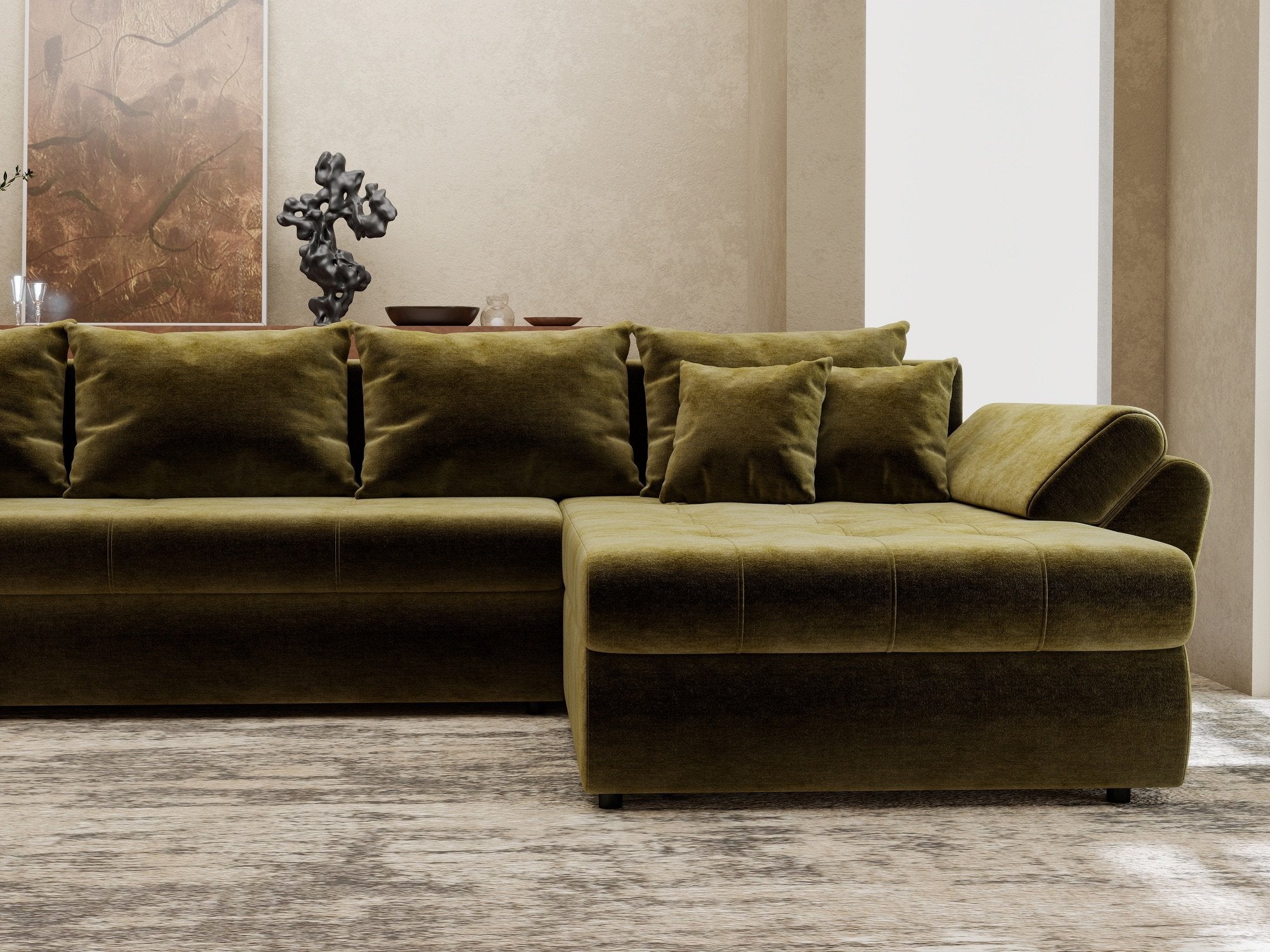 Colțar extensibil dumonde cu ladă de depozitare si sezut confortabil din spuma high-density, Loana XL Monolith Verde Olive II 335x185 cm