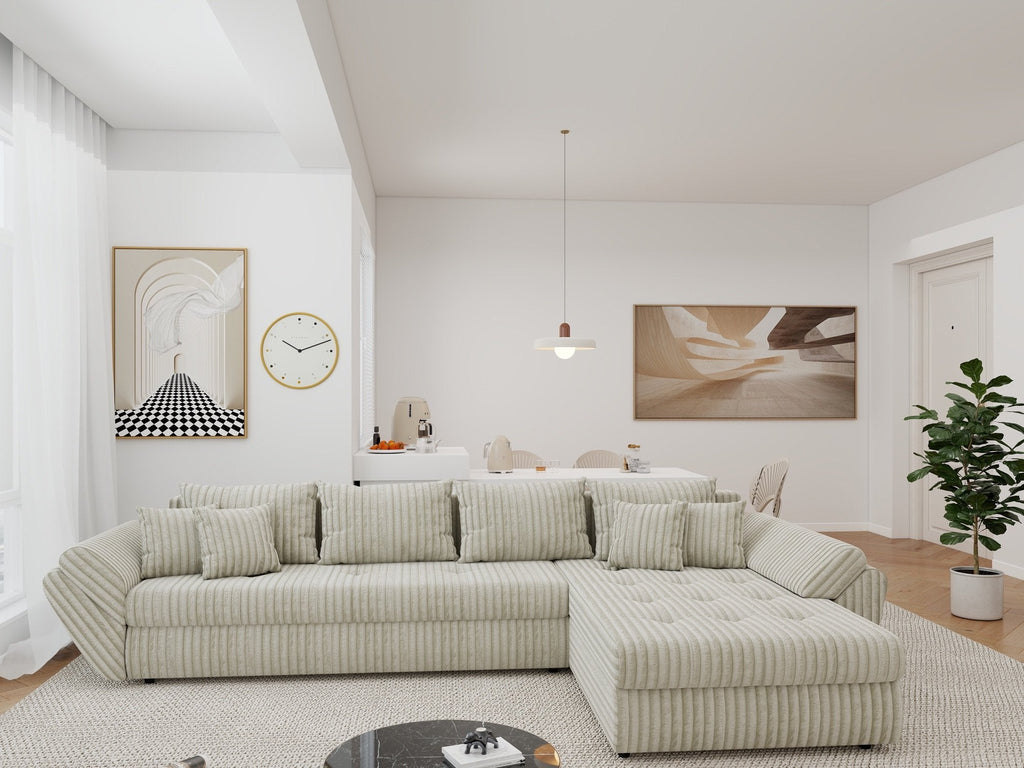 Colțar extensibil dumonde cu ladă de depozitare si sezut confortabil din spuma high-density, Loana XL Tilia Bej 08 II 335x185 cm