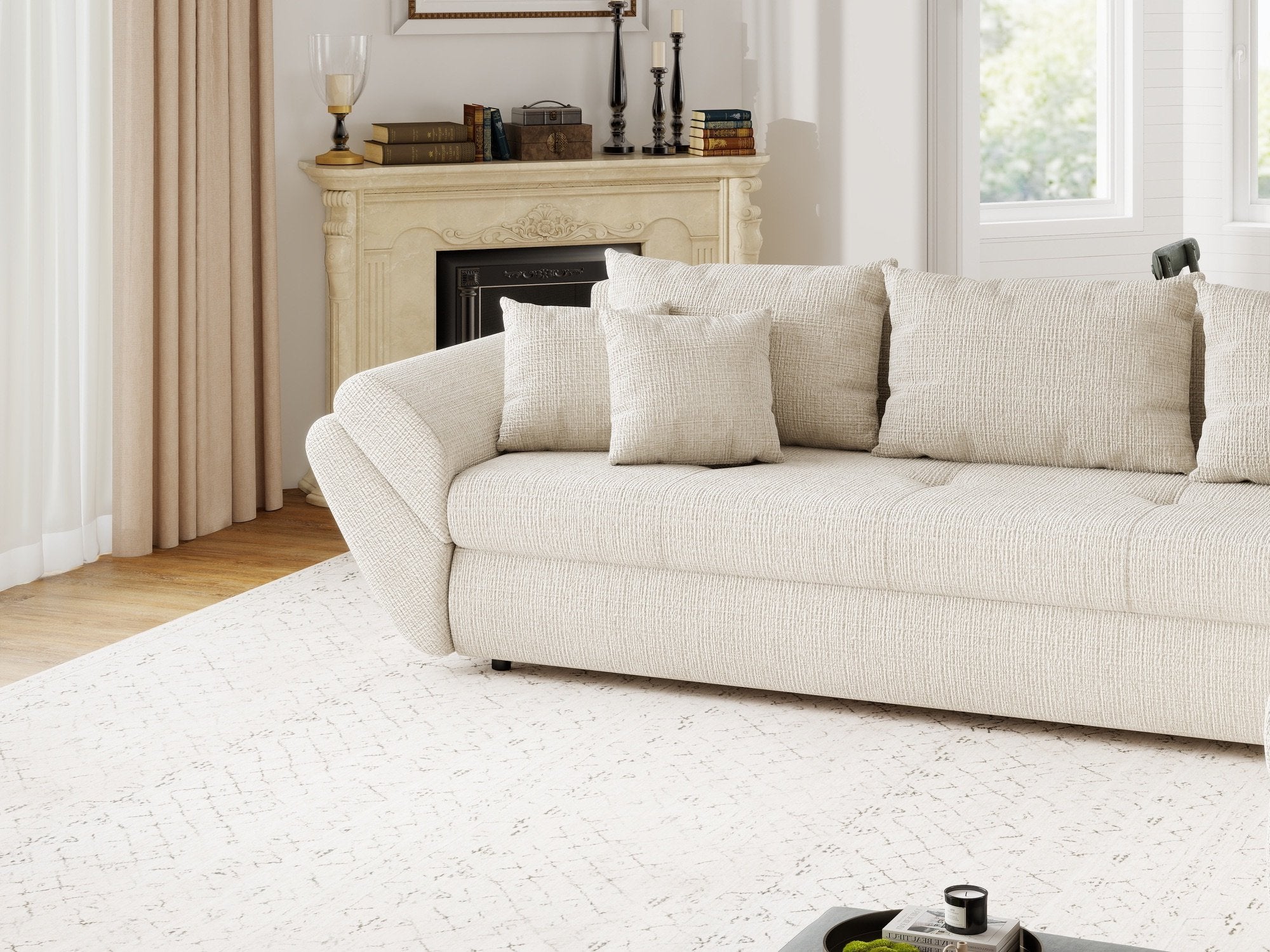 Colțar extensibil dumonde cu ladă de depozitare si sezut confortabil din spuma high-density, Loana XL Cremona Gri Deschis II 335x185 cm