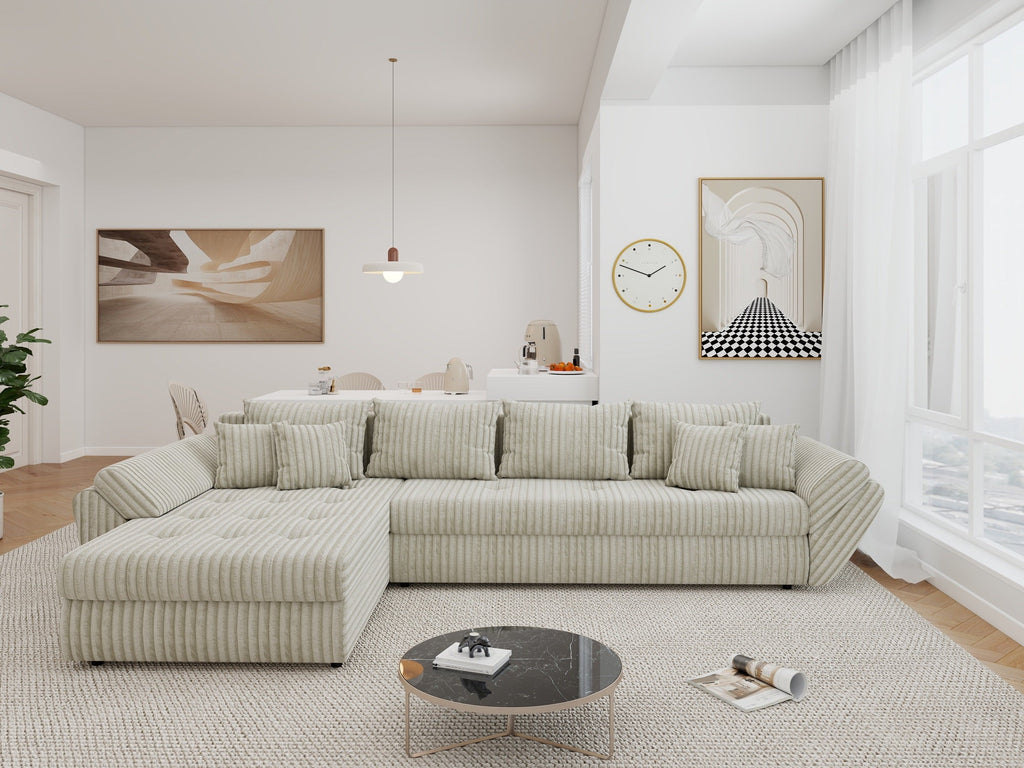 Colțar extensibil dumonde cu ladă de depozitare si sezut confortabil din spuma high-density, Loana XL Tilia Bej 08 335x185 cm