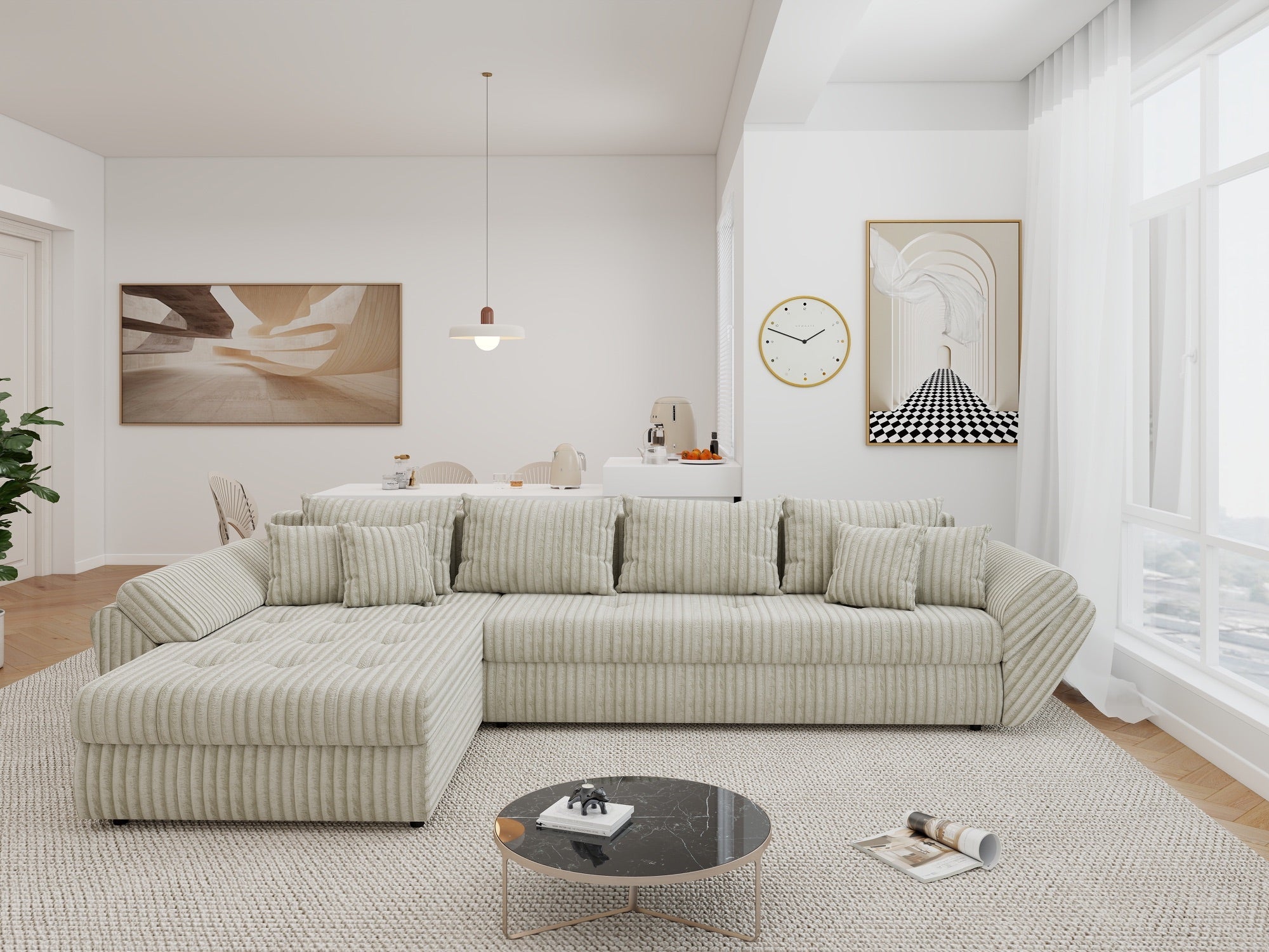 Colțar extensibil dumonde cu ladă de depozitare si sezut confortabil din spuma high-density, Loana XL Tilia Bej 08 335x185 cm