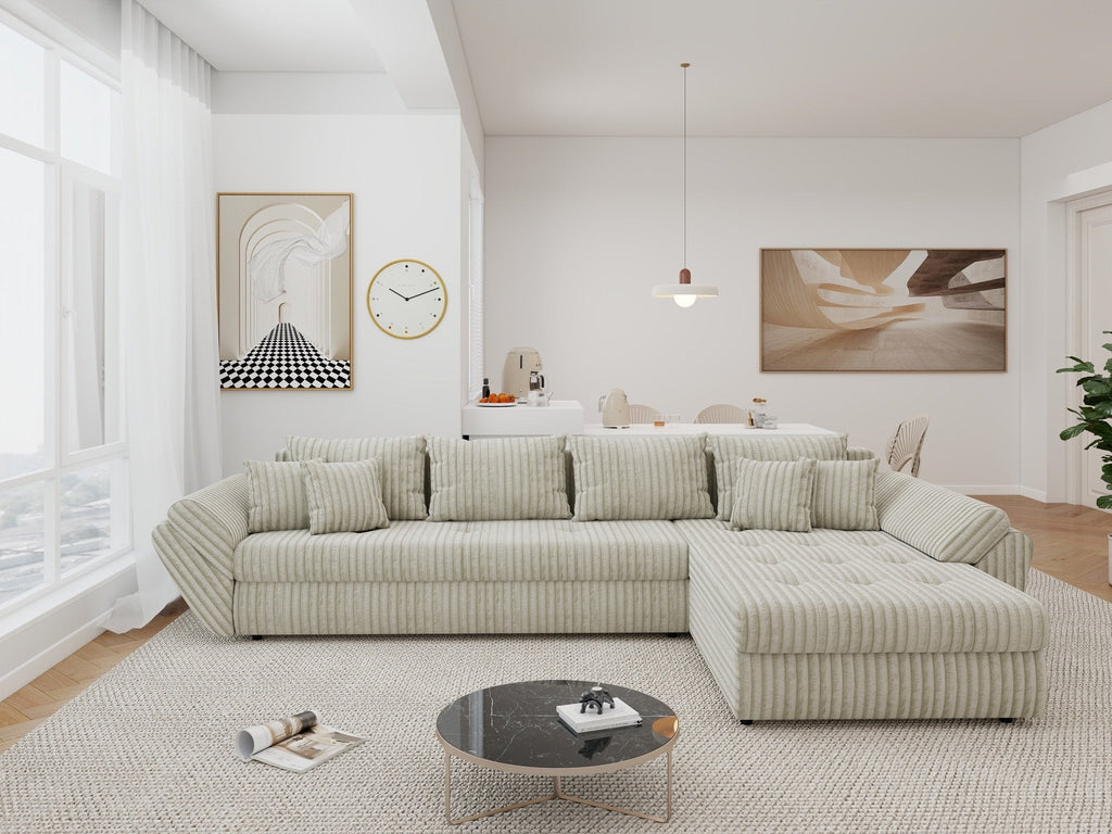 Colțar extensibil dumonde cu ladă de depozitare si sezut confortabil din spuma high-density, Loana XL Tilia Bej 08 II 335x185 cm