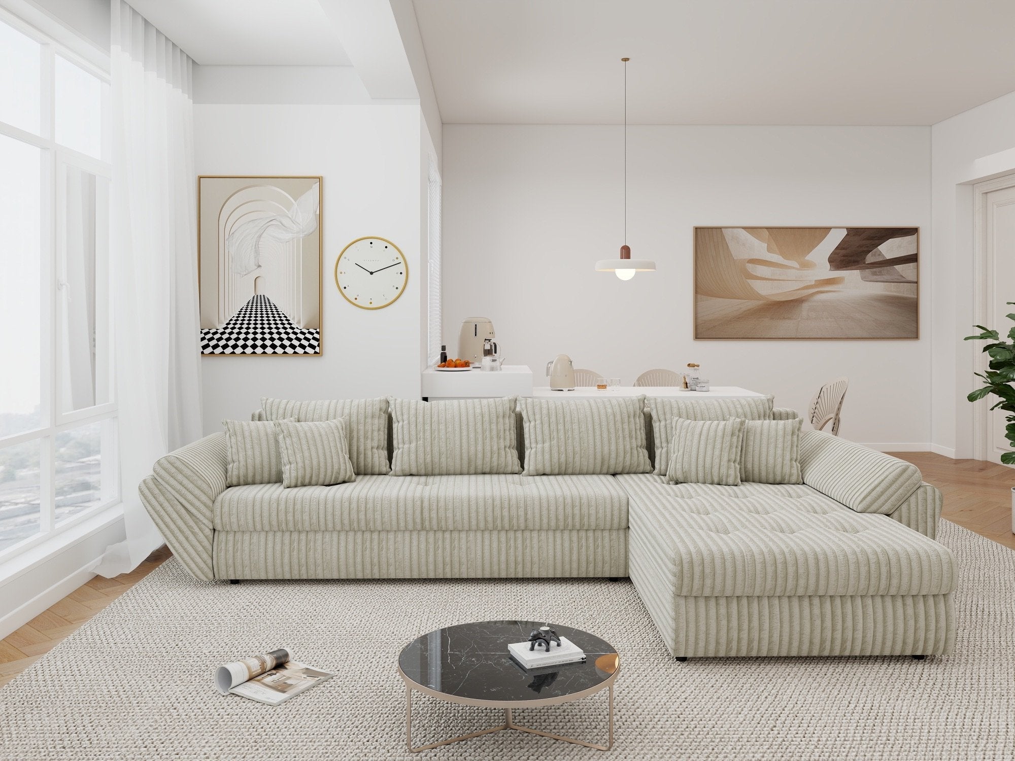 Colțar extensibil dumonde cu ladă de depozitare si sezut confortabil din spuma high-density, Loana XL Tilia Bej 08 II 335x185 cm
