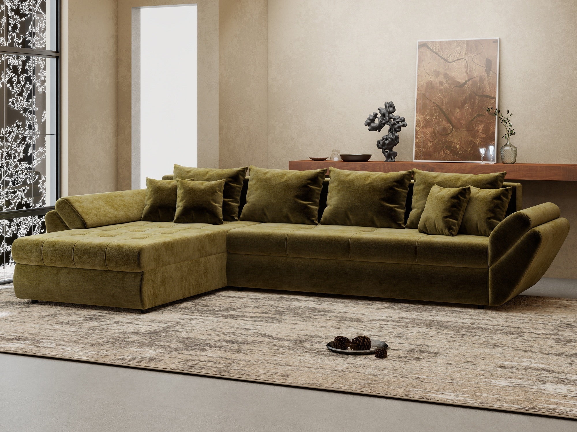 Colțar extensibil dumonde cu ladă de depozitare si sezut confortabil din spuma high-density, Loana XL Monolith Verde Olive 335x185 cm