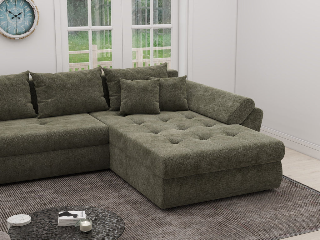 Colțar extensibil dumonde cu ladă de depozitare si sezut confortabil din spuma high-density, Loana XL Vibe Olive II 335x185 cm