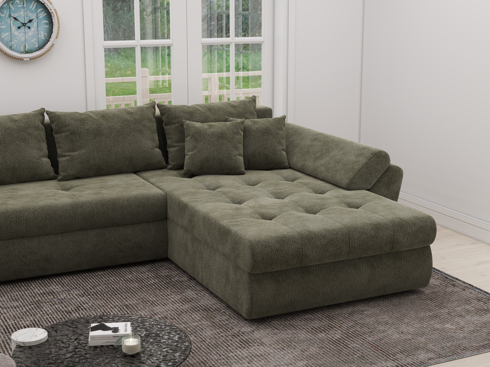 Colțar extensibil dumonde cu ladă de depozitare si sezut confortabil din spuma high-density, Loana XL Vibe Olive II 335x185 cm