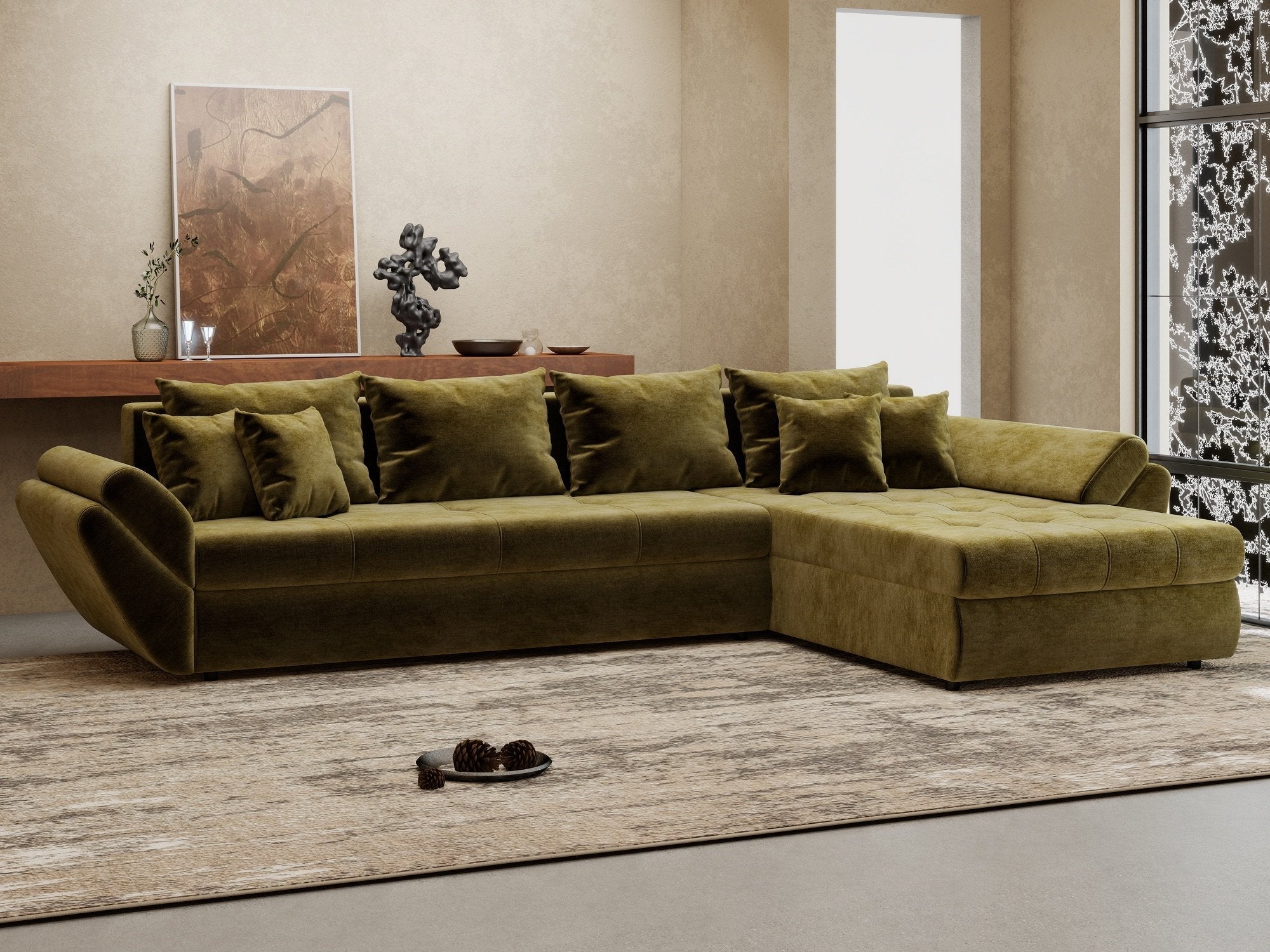 Colțar extensibil dumonde cu ladă de depozitare si sezut confortabil din spuma high-density, Loana XL Monolith Verde Olive II 335x185 cm