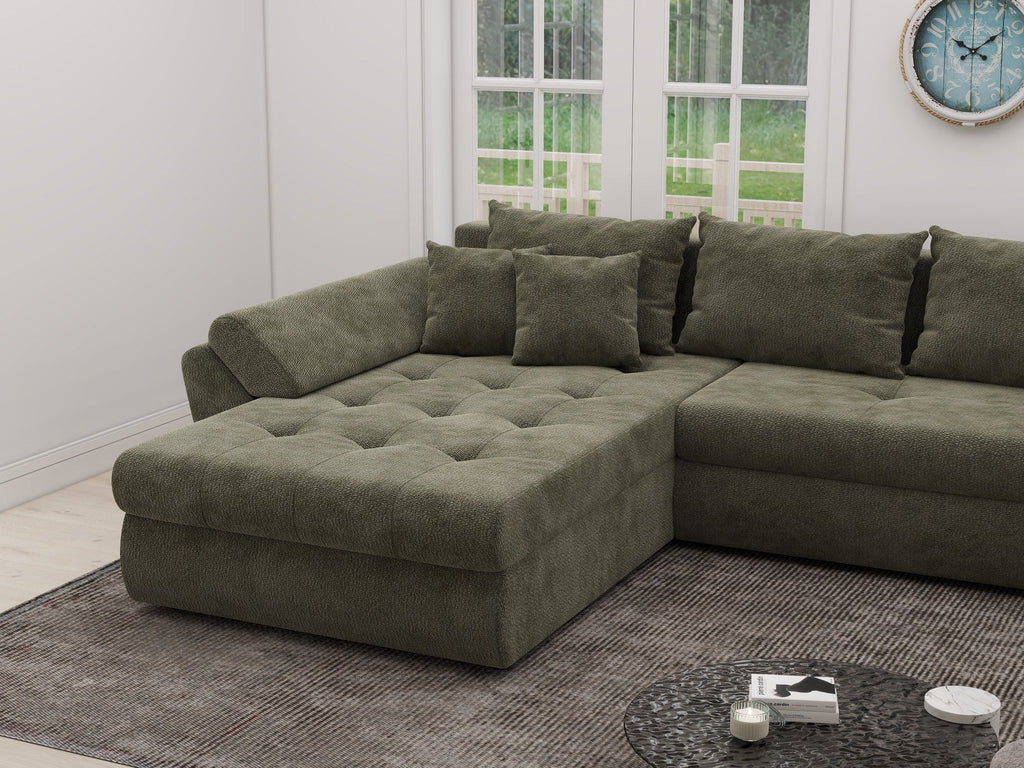 Colțar extensibil dumonde cu ladă de depozitare si sezut confortabil din spuma high-density, Loana XL Vibe Olive 335x185 cm