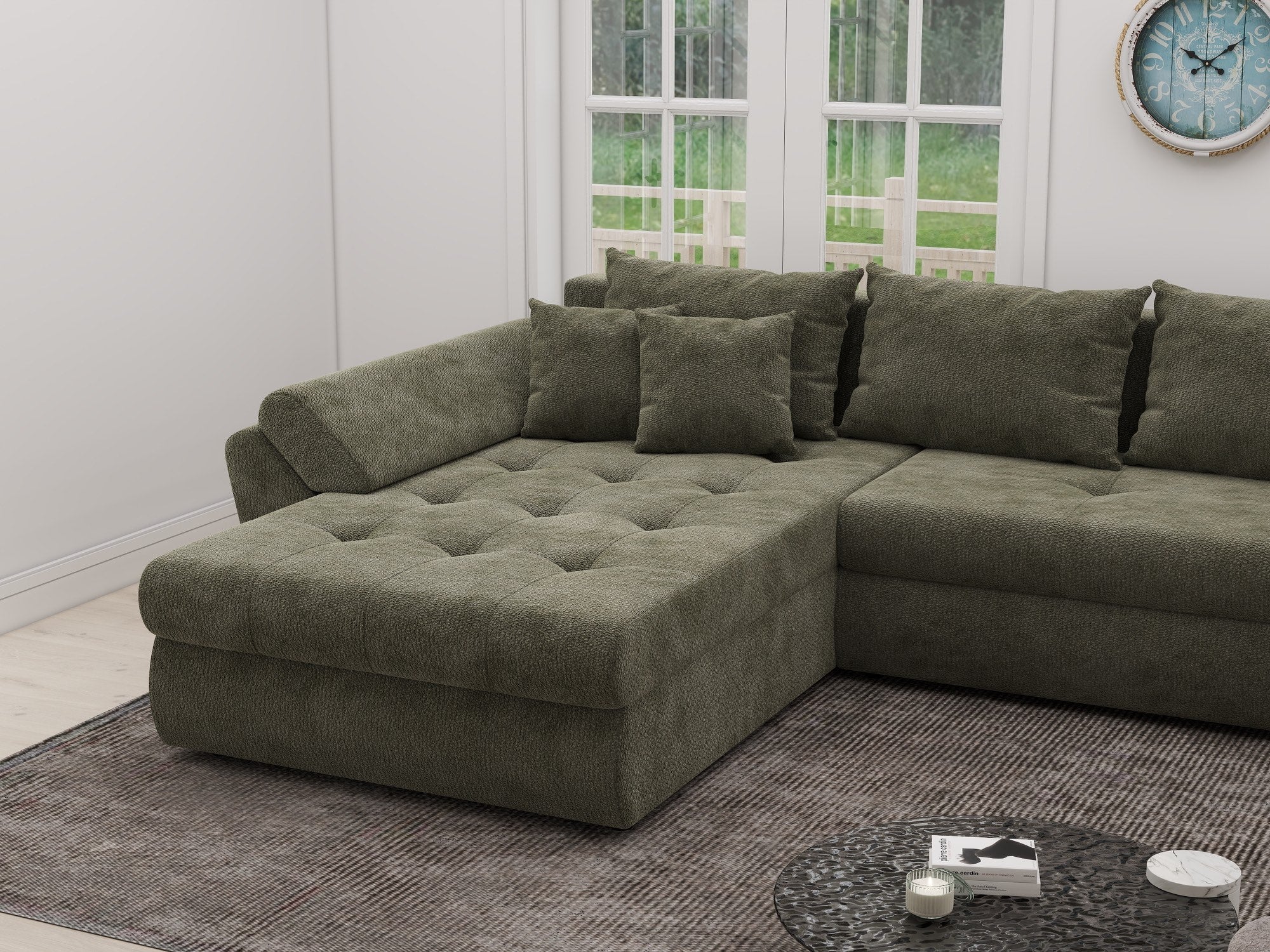 Colțar extensibil dumonde cu ladă de depozitare si sezut confortabil din spuma high-density, Loana XL Vibe Olive 335x185 cm