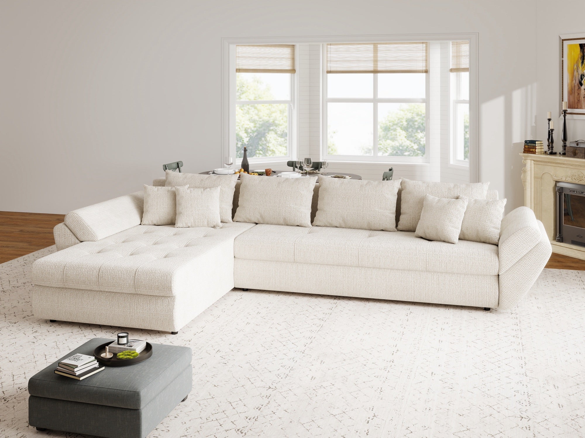 Colțar extensibil dumonde cu ladă de depozitare si sezut confortabil din spuma high-density, Loana XL Cremona Gri Deschis 335x185 cm