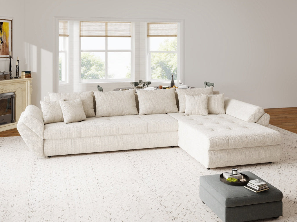 Colțar extensibil dumonde cu ladă de depozitare si sezut confortabil din spuma high-density, Loana XL Cremona Gri Deschis II 335x185 cm
