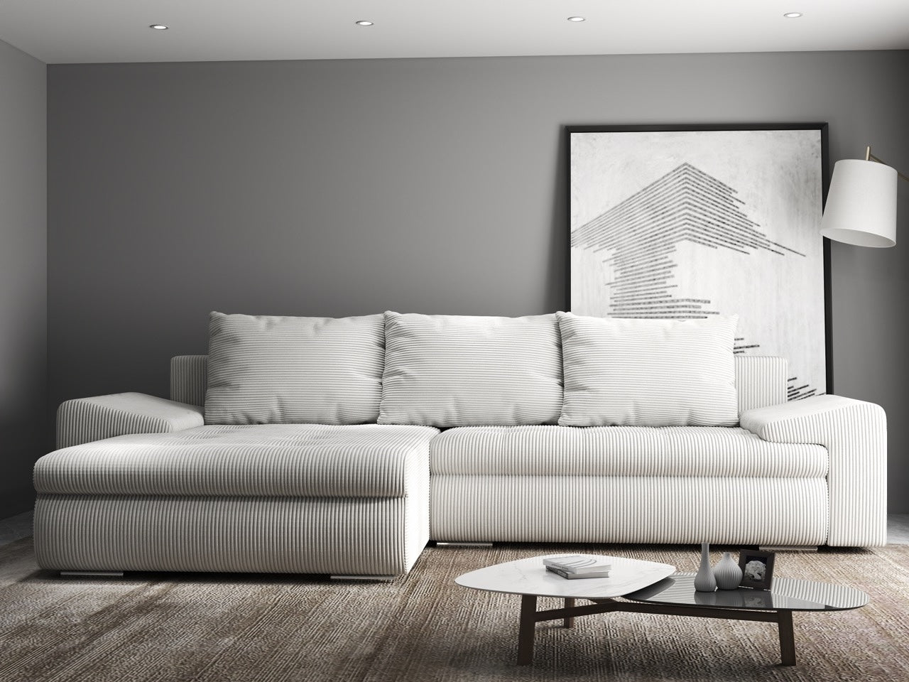 Colțar extensibil dumonde cu ladă de depozitare si sezut confortabil din spuma high-density, Leonardo Zoom Crem 260x185 cm