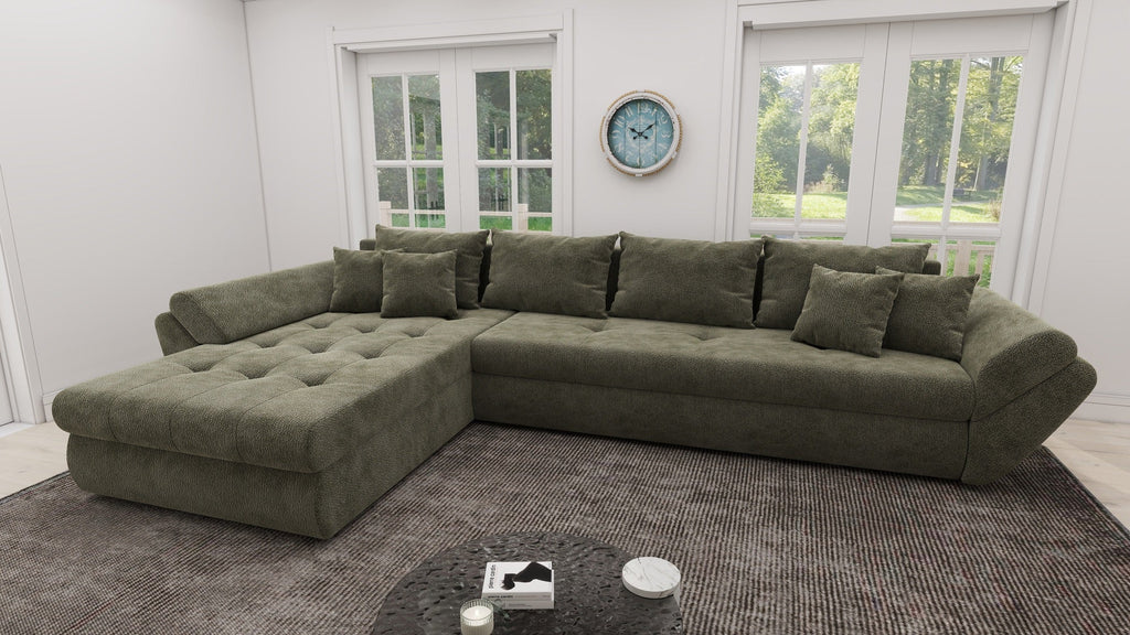 Colțar extensibil dumonde cu ladă de depozitare si sezut confortabil din spuma high-density, Loana XL Vibe Olive 335x185 cm