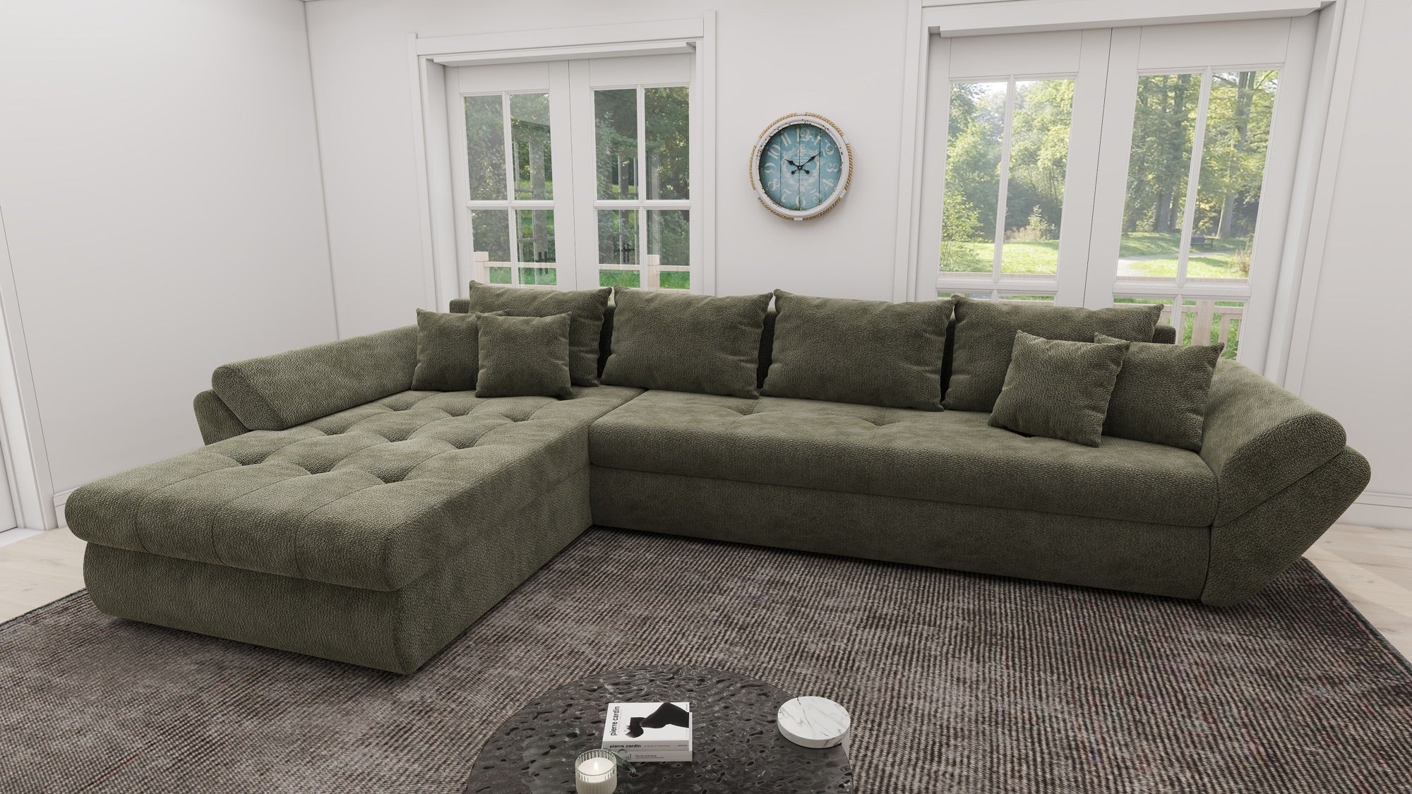 Colțar extensibil dumonde cu ladă de depozitare si sezut confortabil din spuma high-density, Loana XL Vibe Olive 335x185 cm