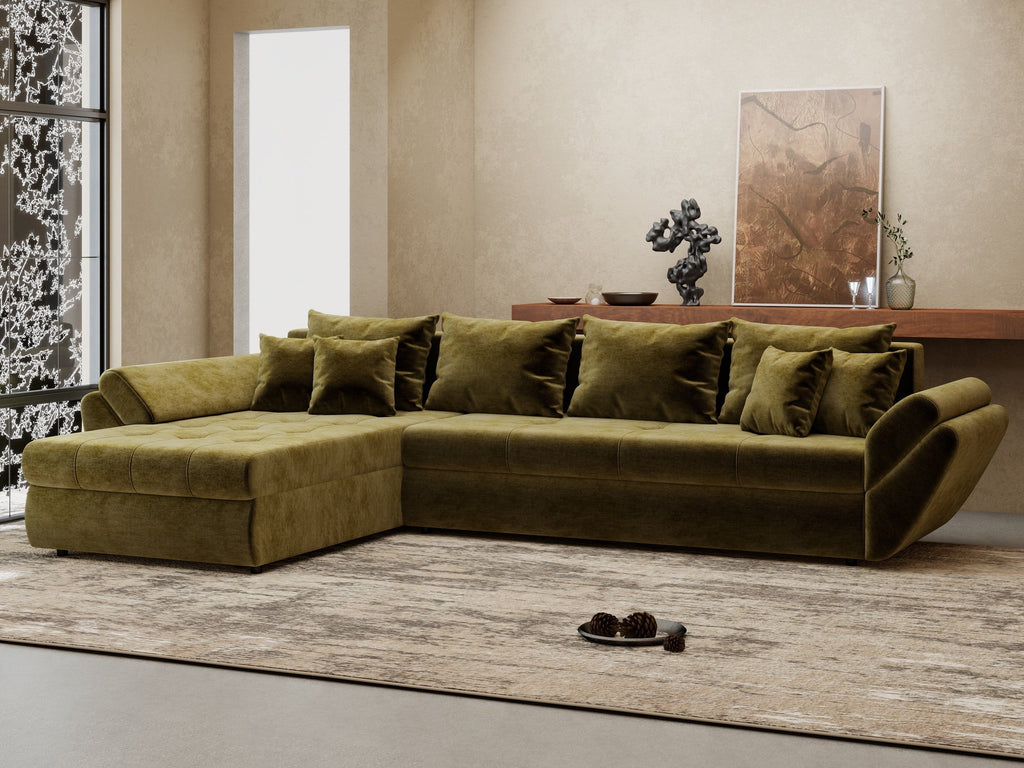 Colțar extensibil dumonde cu ladă de depozitare si sezut confortabil din spuma high-density, Loana XL Monolith Verde Olive 335x185 cm