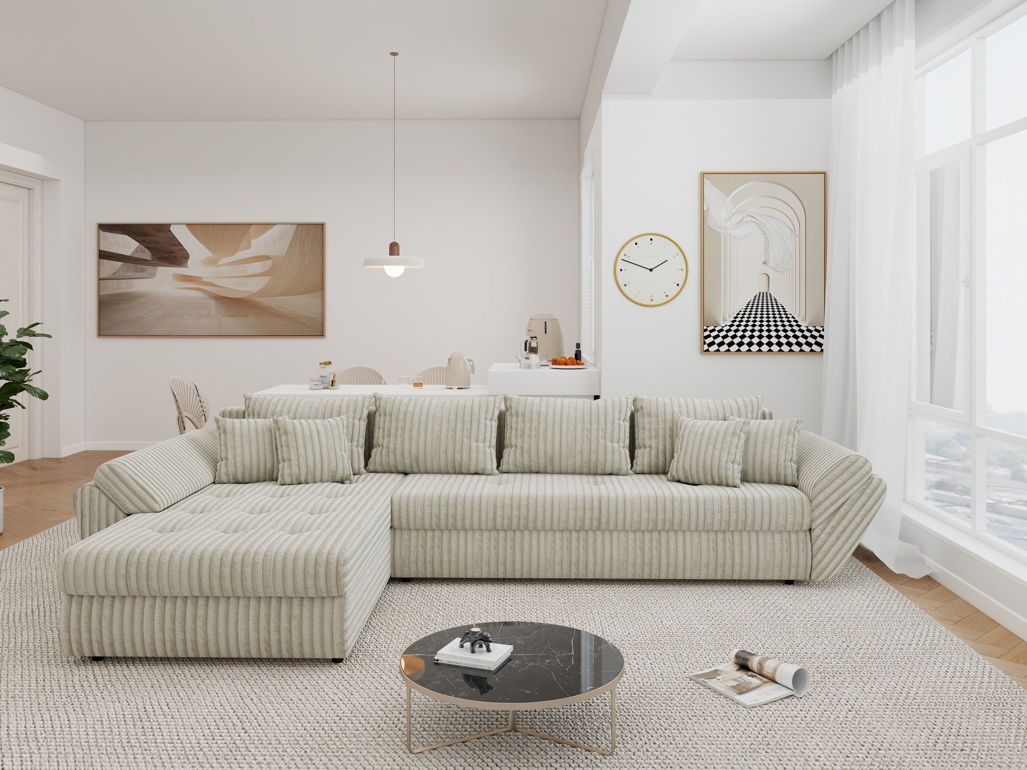 Colțar extensibil dumonde cu ladă de depozitare si sezut confortabil din spuma high-density, Loana XL Tilia Bej 08 335x185 cm
