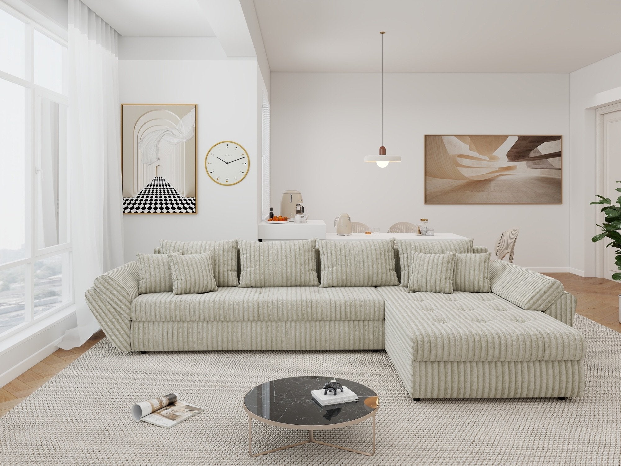 Colțar extensibil dumonde cu ladă de depozitare si sezut confortabil din spuma high-density, Loana XL Tilia Bej 08 II 335x185 cm