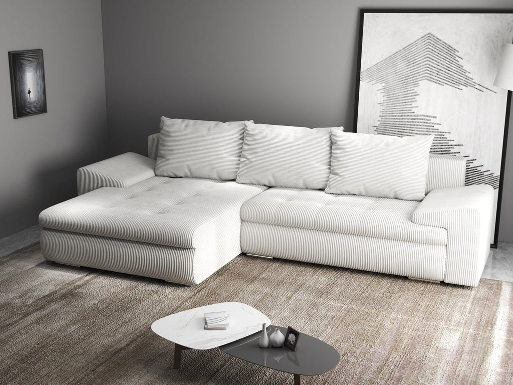 Colțar extensibil dumonde cu ladă de depozitare si sezut confortabil din spuma high-density, Leonardo Zoom Crem 260x185 cm