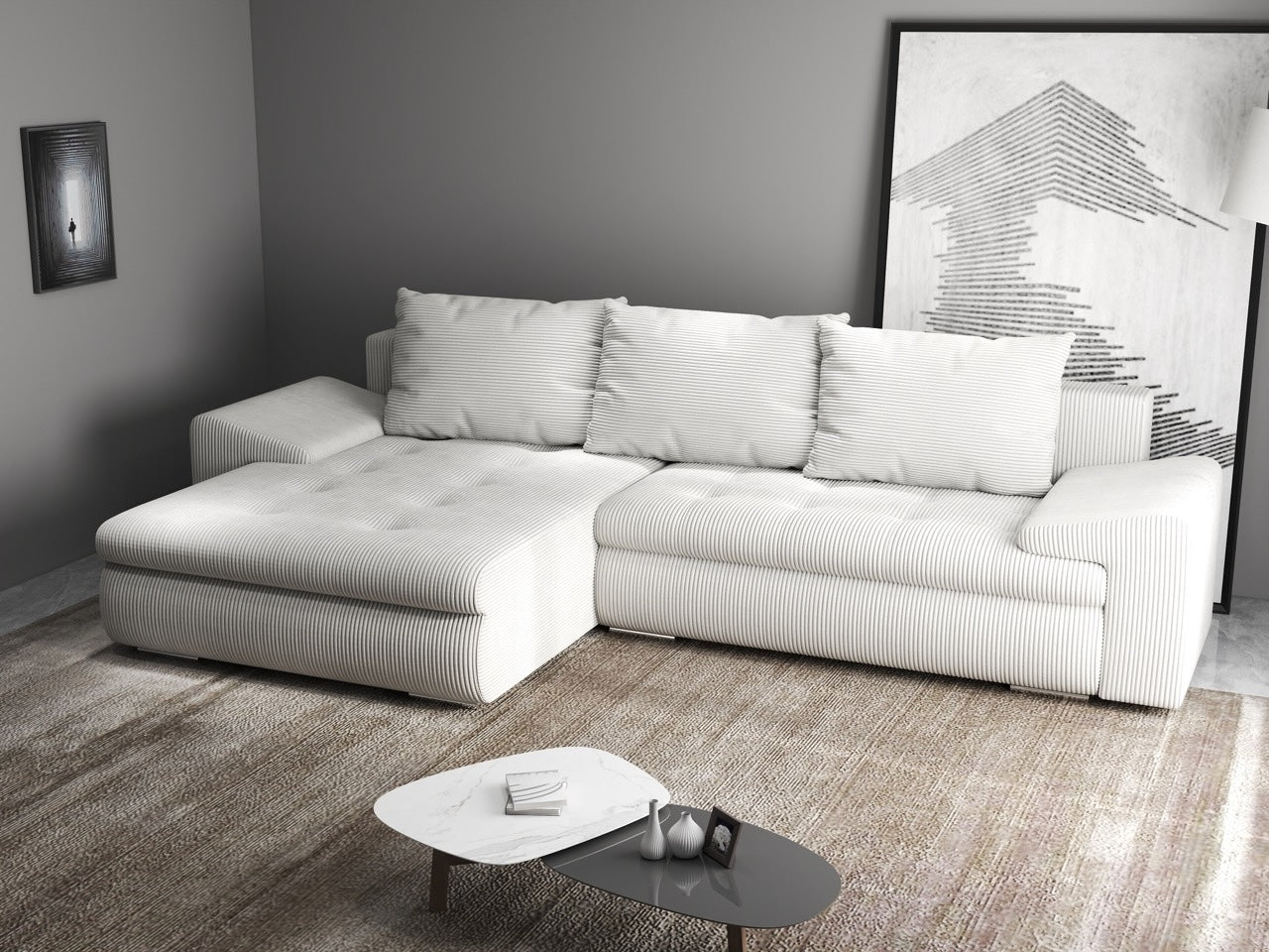 Colțar extensibil dumonde cu ladă de depozitare si sezut confortabil din spuma high-density, Leonardo Zoom Crem 260x185 cm