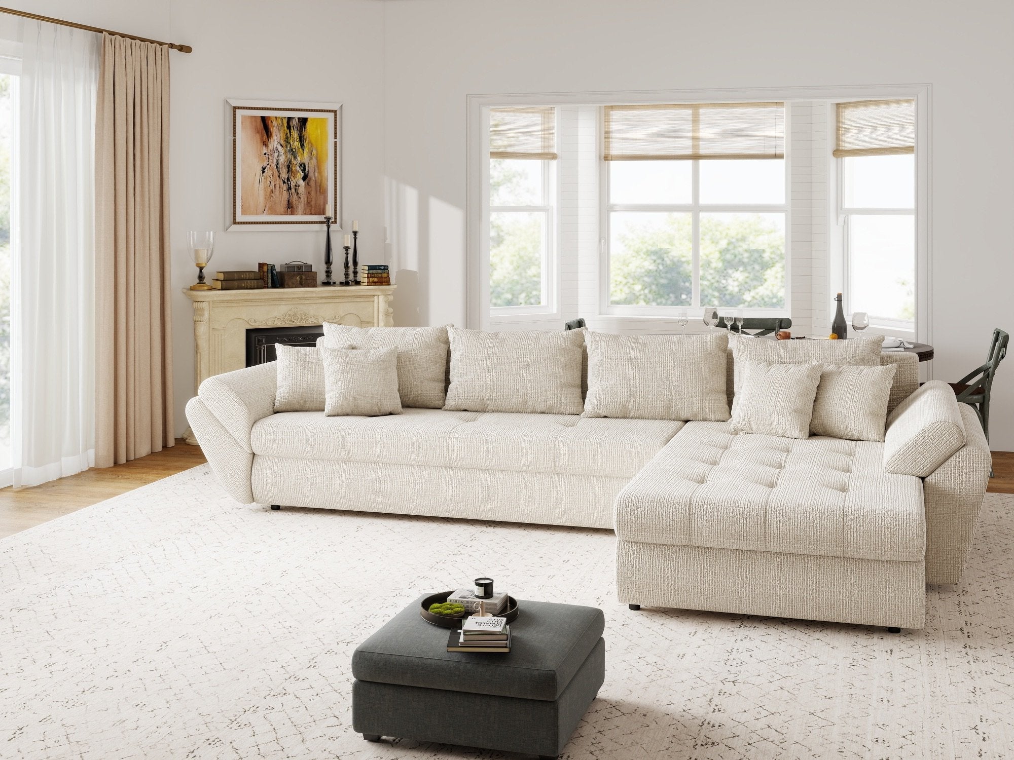 Colțar extensibil dumonde cu ladă de depozitare si sezut confortabil din spuma high-density, Loana XL Cremona Gri Deschis II 335x185 cm