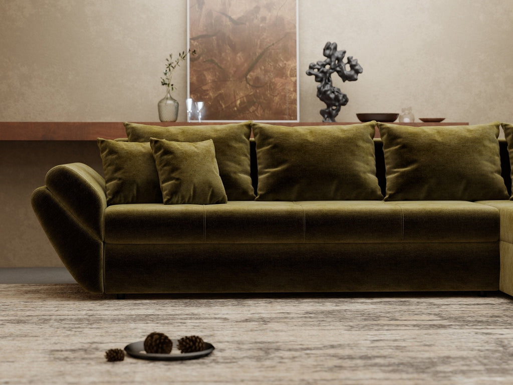 Colțar extensibil dumonde cu ladă de depozitare si sezut confortabil din spuma high-density, Loana XL Monolith Verde Olive II 335x185 cm