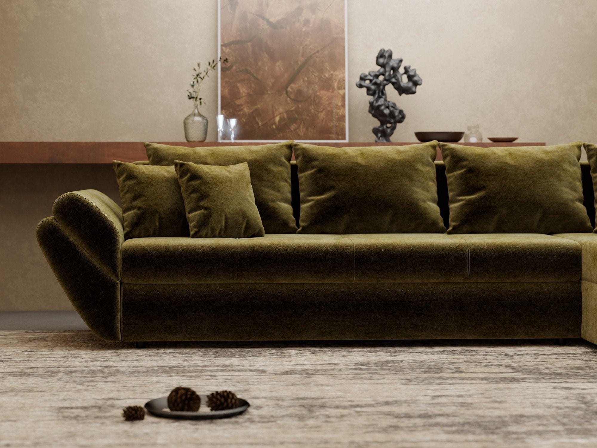 Colțar extensibil dumonde cu ladă de depozitare si sezut confortabil din spuma high-density, Loana XL Monolith Verde Olive II 335x185 cm
