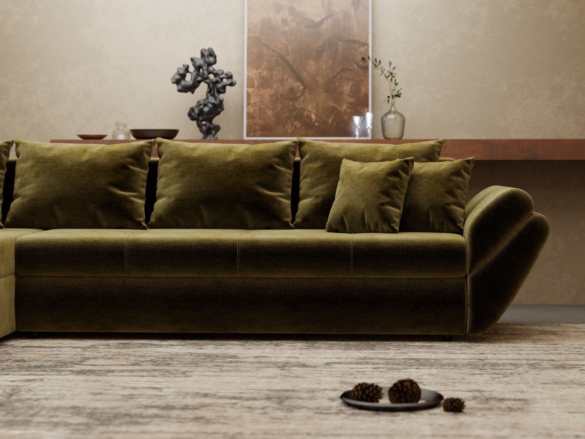 Colțar extensibil dumonde cu ladă de depozitare si sezut confortabil din spuma high-density, Loana XL Monolith Verde Olive 335x185 cm