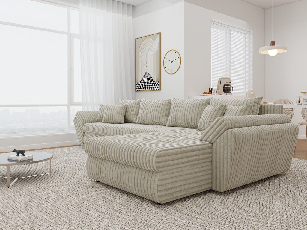 Colțar extensibil dumonde cu ladă de depozitare si sezut confortabil din spuma high-density, Loana XL Tilia Gri- Bej II 335x185 cm