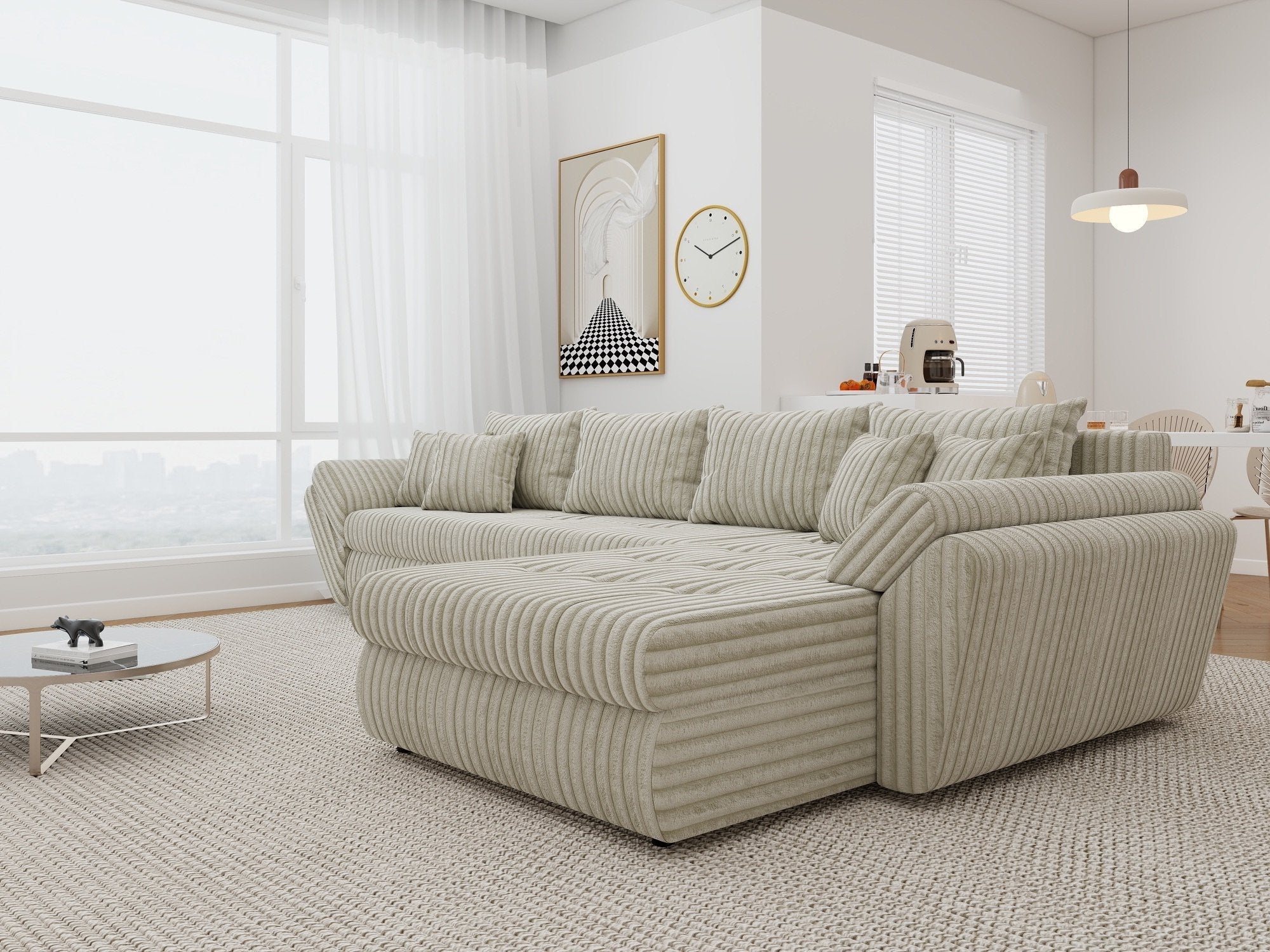 Colțar extensibil dumonde cu ladă de depozitare si sezut confortabil din spuma high-density, Loana XL Tilia Gri- Bej II 335x185 cm