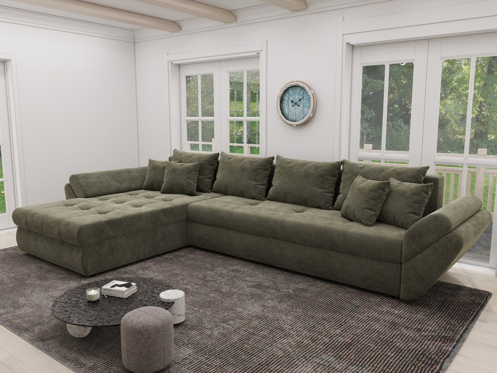 Colțar extensibil dumonde cu ladă de depozitare si sezut confortabil din spuma high-density, Loana XL Vibe Olive 335x185 cm