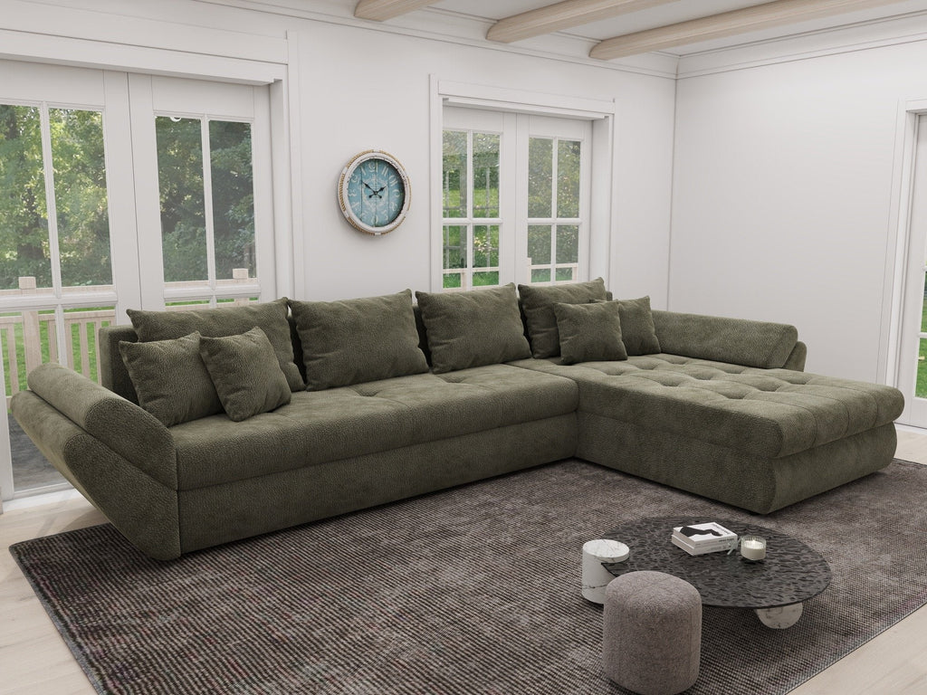 Colțar extensibil dumonde cu ladă de depozitare si sezut confortabil din spuma high-density, Loana XL Vibe Olive II 335x185 cm