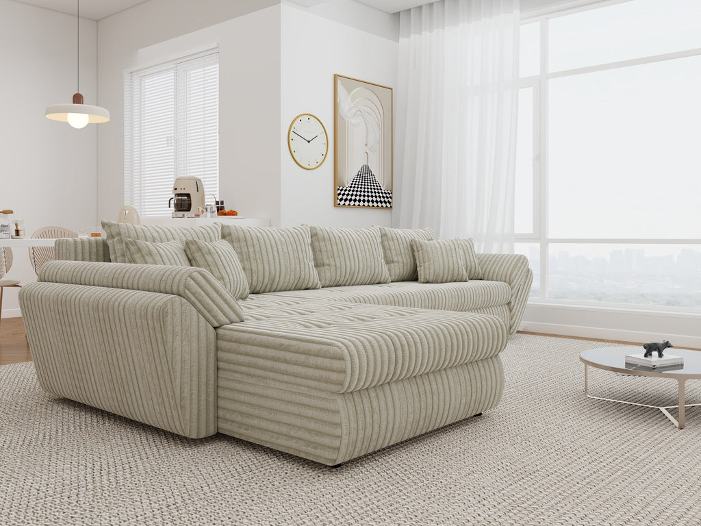 Colțar extensibil dumonde cu ladă de depozitare si sezut confortabil din spuma high-density, Loana XL Tilia Gri- Bej 335x185 cm