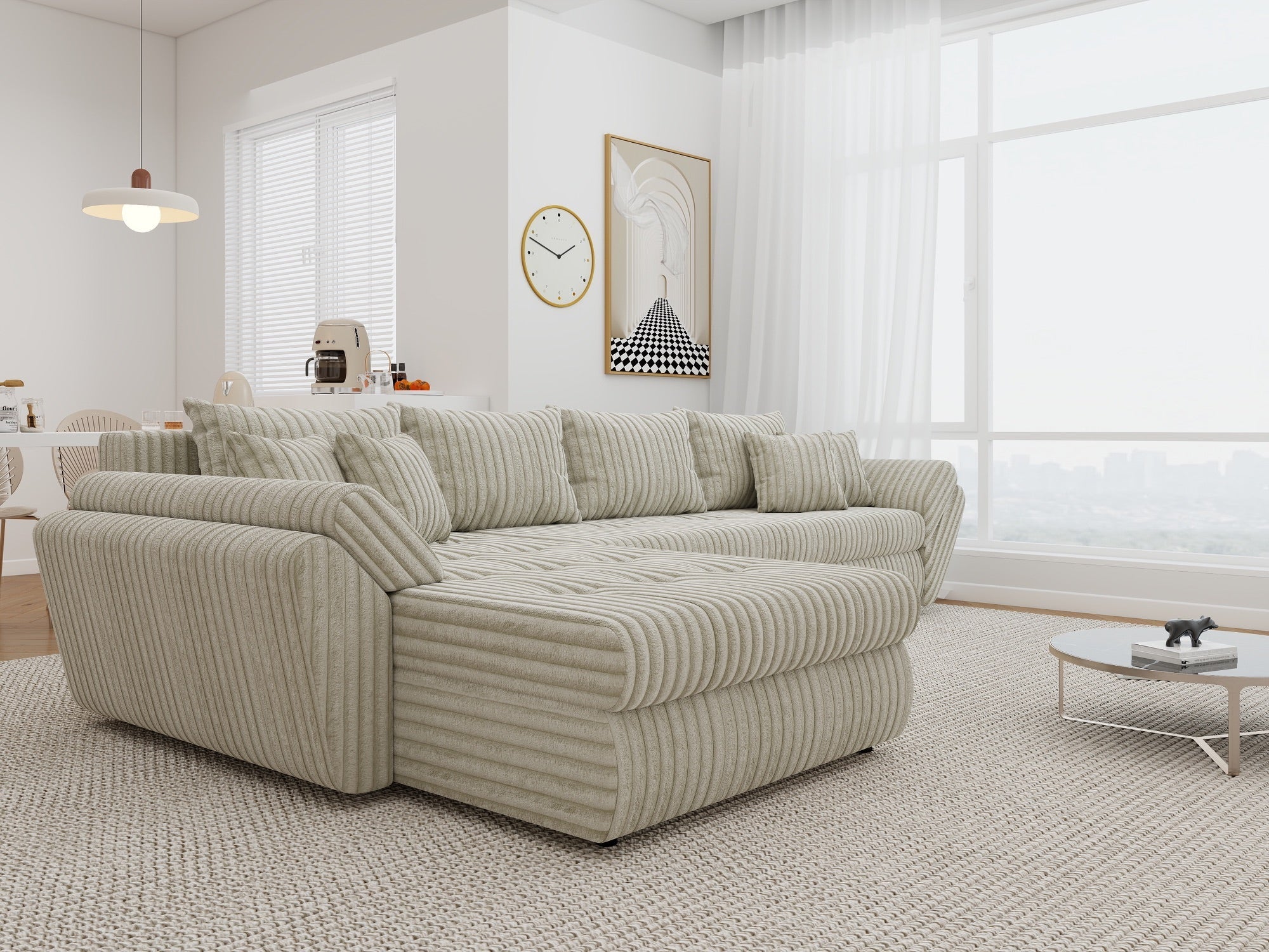 Colțar extensibil dumonde cu ladă de depozitare si sezut confortabil din spuma high-density, Loana XL Tilia Gri- Bej 335x185 cm