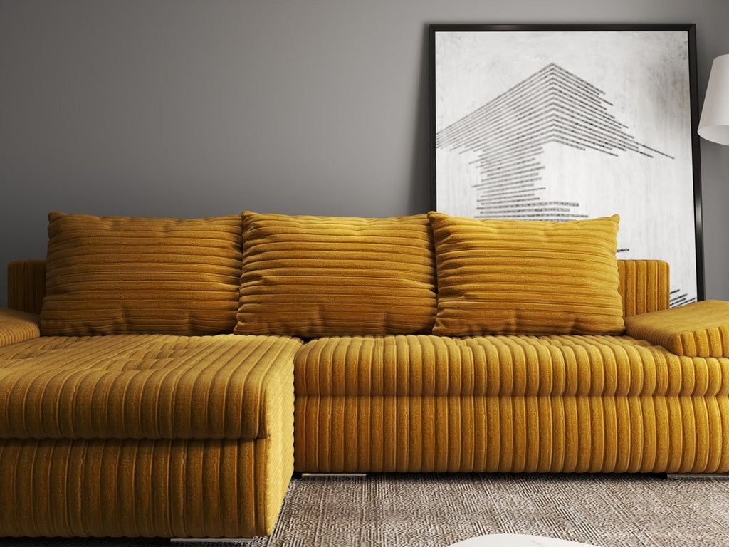 Colțar extensibil dumonde cu ladă de depozitare si sezut confortabil din spuma high-density, Leonardo Ambience Mustar 260x185 cm