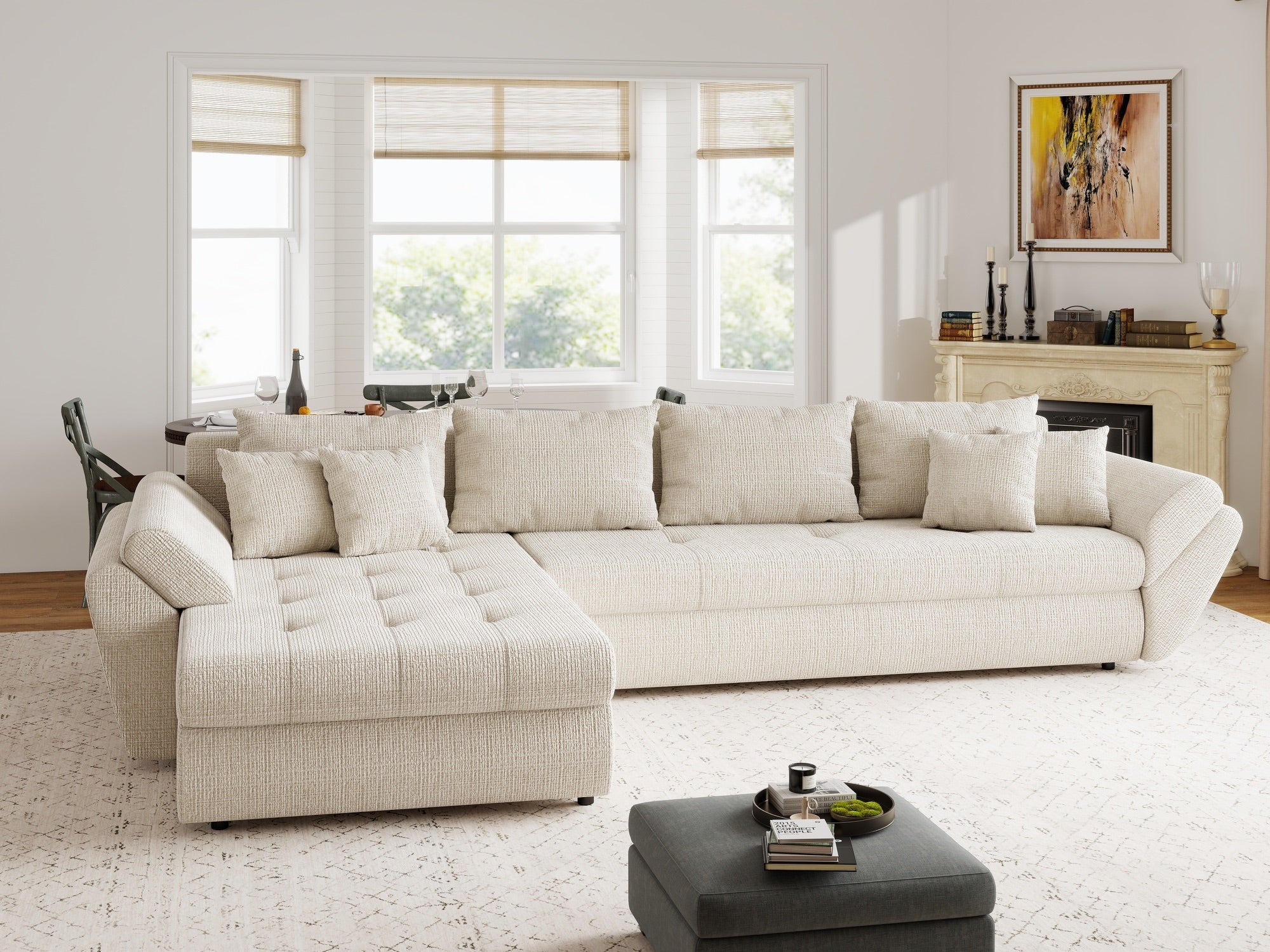 Colțar extensibil dumonde cu ladă de depozitare si sezut confortabil din spuma high-density, Loana XL Cremona Gri Deschis 335x185 cm