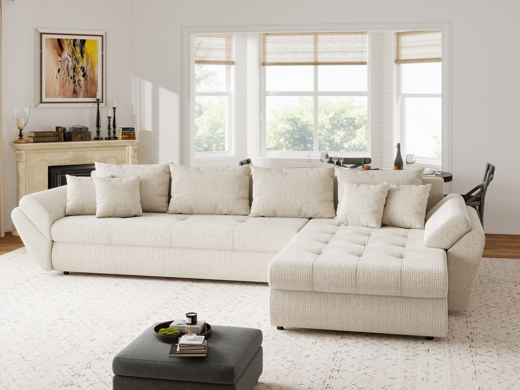 Colțar extensibil dumonde cu ladă de depozitare si sezut confortabil din spuma high-density, Loana XL Cremona Gri Deschis II 335x185 cm