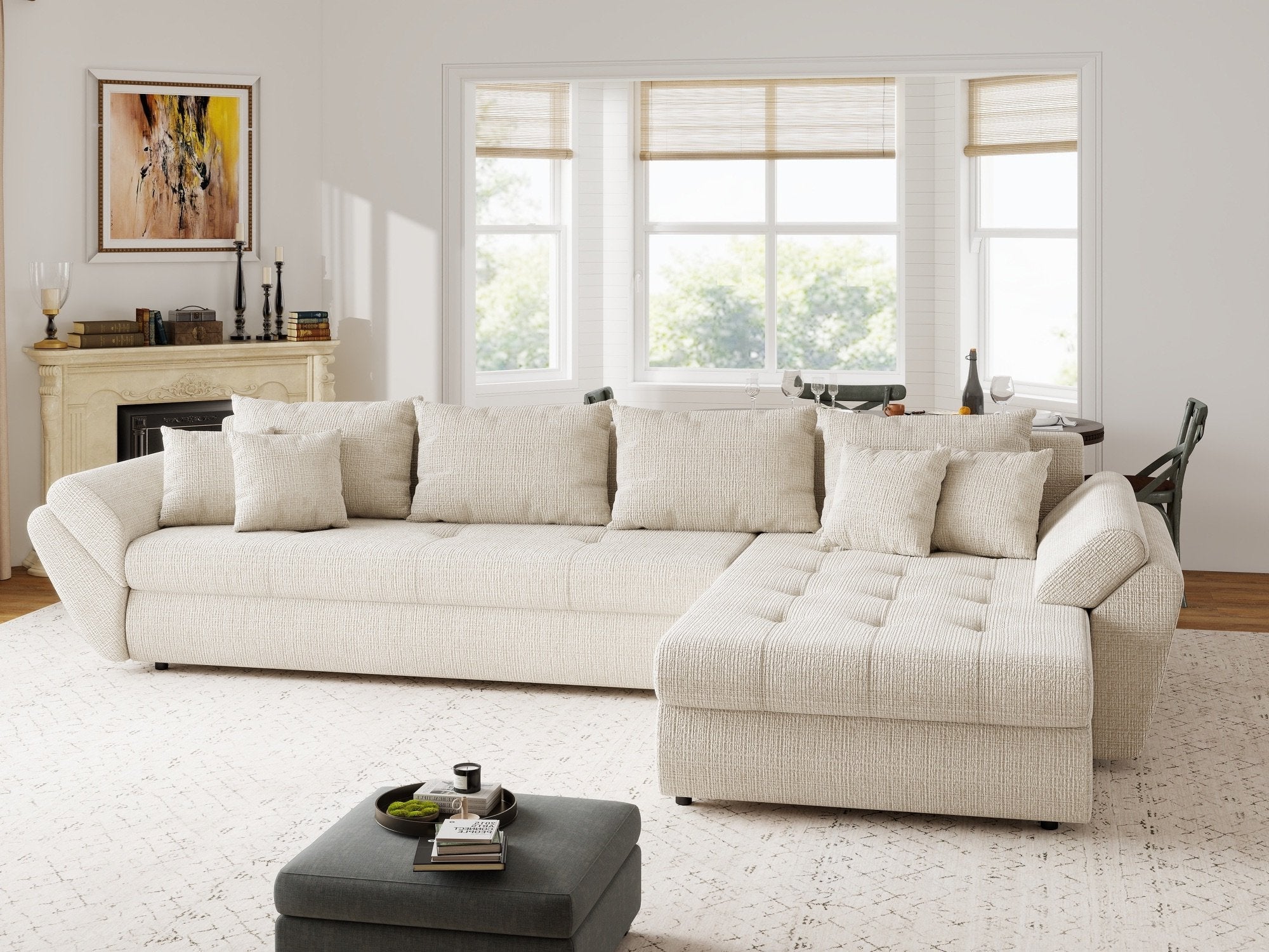 Colțar extensibil dumonde cu ladă de depozitare si sezut confortabil din spuma high-density, Loana XL Cremona Gri Deschis II 335x185 cm