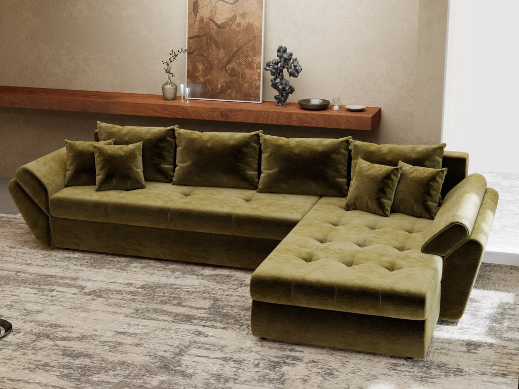 Colțar extensibil dumonde cu ladă de depozitare si sezut confortabil din spuma high-density, Loana XL Monolith Verde Olive II 335x185 cm