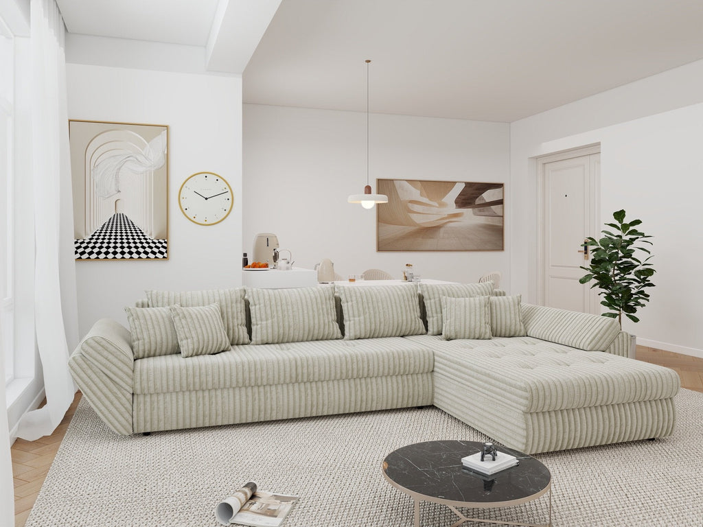Colțar extensibil dumonde cu ladă de depozitare si sezut confortabil din spuma high-density, Loana XL Tilia Gri- Bej II 335x185 cm