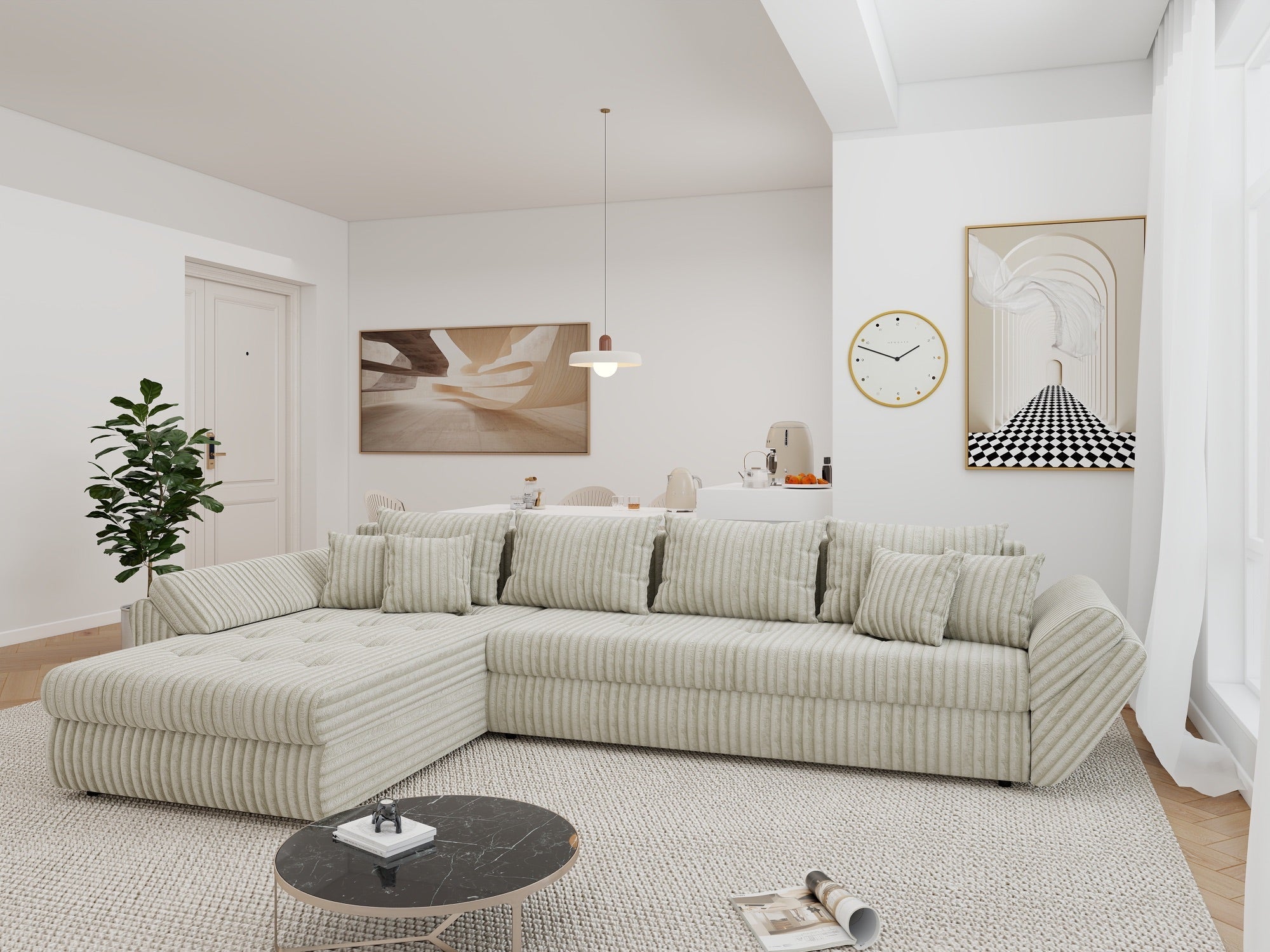 Colțar extensibil dumonde cu ladă de depozitare si sezut confortabil din spuma high-density, Loana XL Tilia Gri- Bej 335x185 cm