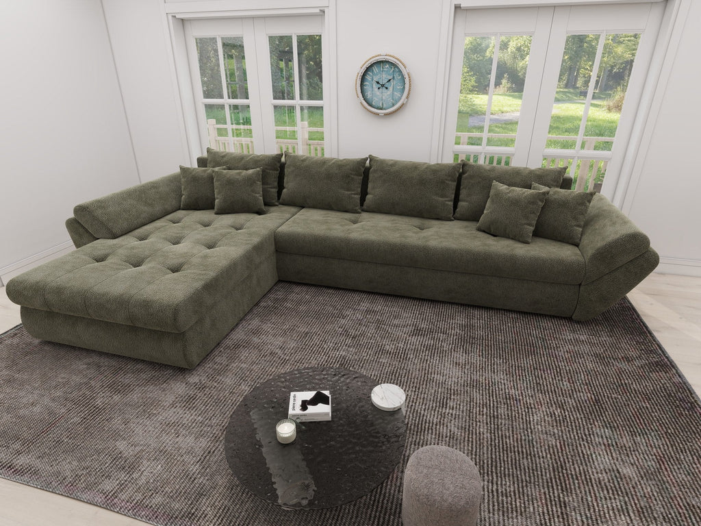 Colțar extensibil dumonde cu ladă de depozitare si sezut confortabil din spuma high-density, Loana XL Vibe Olive 335x185 cm
