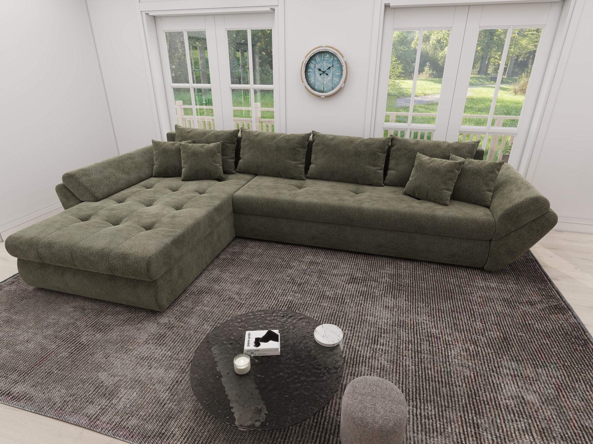 Colțar extensibil dumonde cu ladă de depozitare si sezut confortabil din spuma high-density, Loana XL Vibe Olive 335x185 cm
