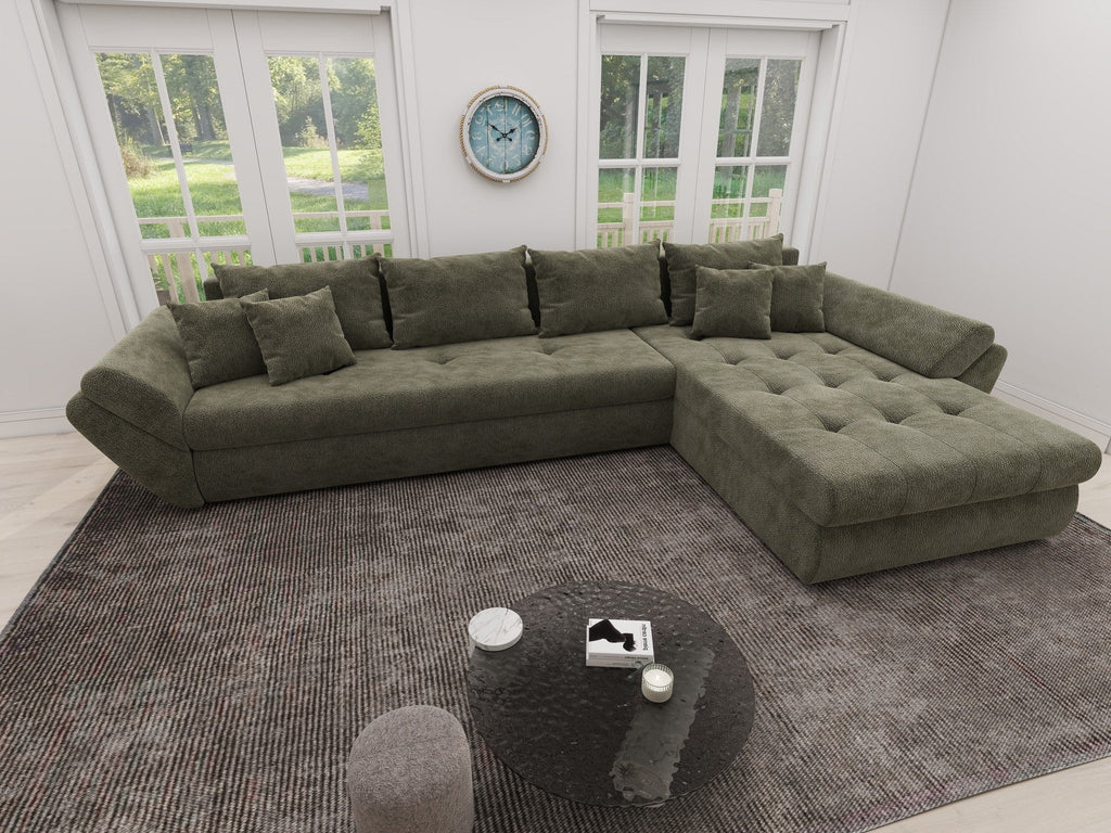 Colțar extensibil dumonde cu ladă de depozitare si sezut confortabil din spuma high-density, Loana XL Vibe Olive II 335x185 cm