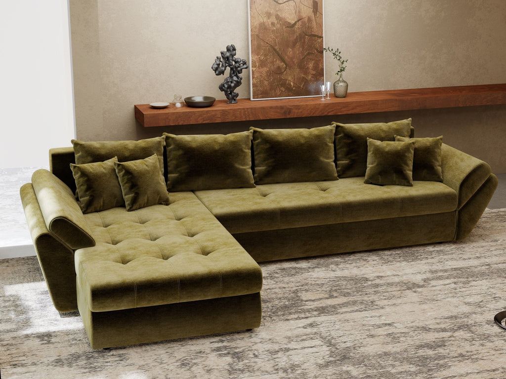 Colțar extensibil dumonde cu ladă de depozitare si sezut confortabil din spuma high-density, Loana XL Monolith Verde Olive 335x185 cm